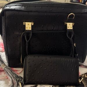 Elegant Black Women's Bag Set croc embossed briefcase style